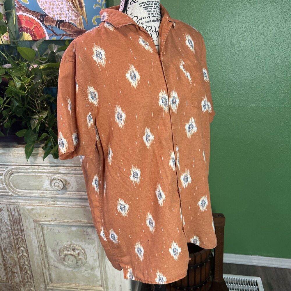 Vtg Men's Linen Blend Southwestern Style Button Up Orange Medium Coastal Country